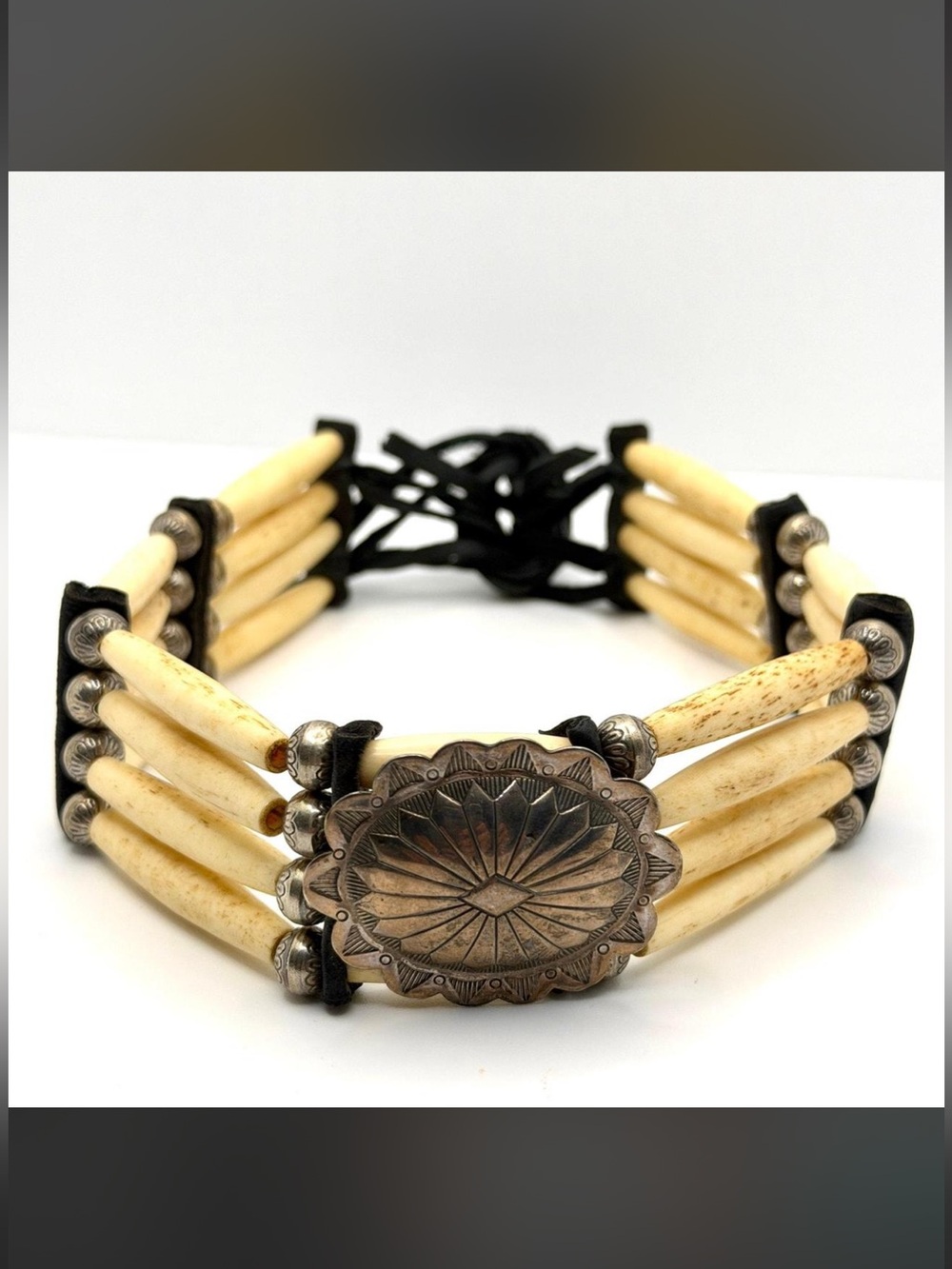 Vintage handcrafted Native American Bone pipe beaded Concho 4 Row leather Choker